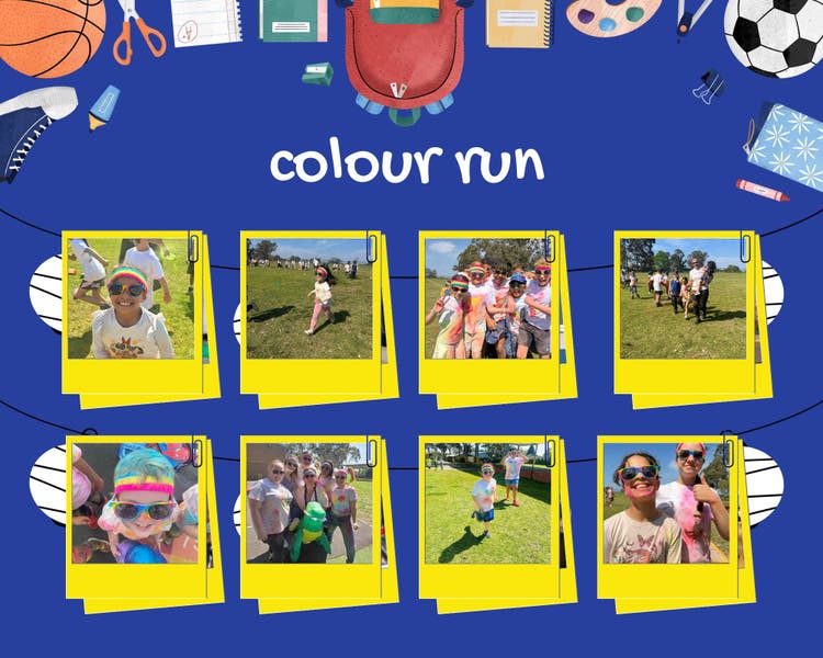 Students covered in colorful powder run joyfully during a school sports day event.
